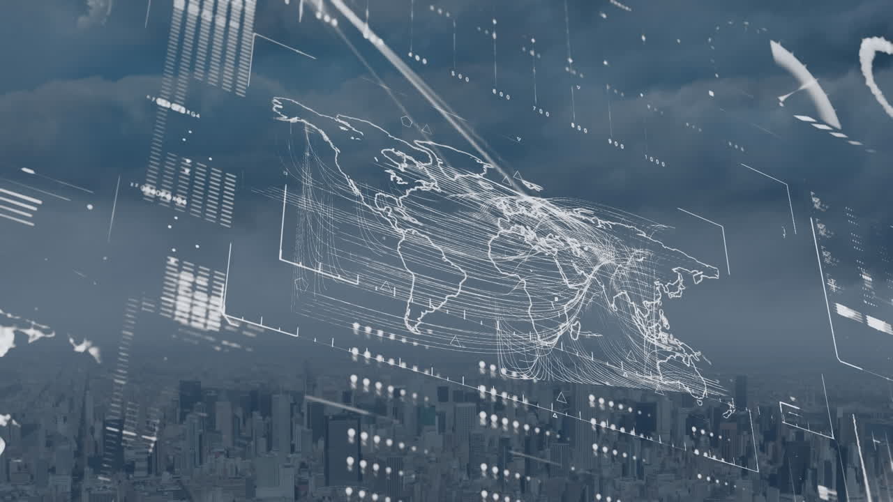 세계 지도의 애니메이션과 도시 풍경에 대한 디지털 데이터 처리.