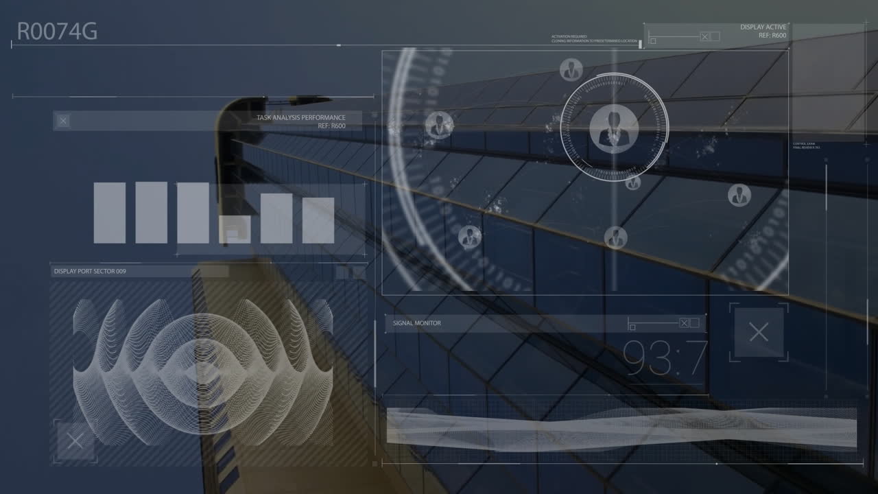 animación del procesamiento de datos financieros sobre edificios de oficinas de la ciudad