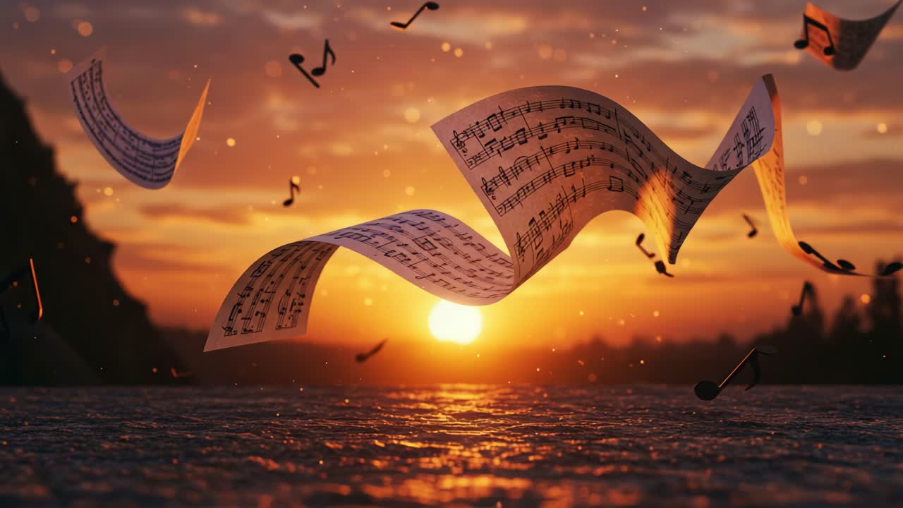 A mesmerizing scene at sunset where musical notes and sheets of music float gracefully in the air, reflecting the beauty of artistry and the essence of melody in nature