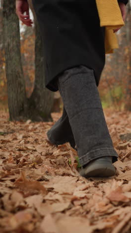 vista de ángulo inferior de una persona caminando a través de un bosque con follaje seco, con una chaqueta de lona y vaqueros negros, capturando la esencia del otoño
