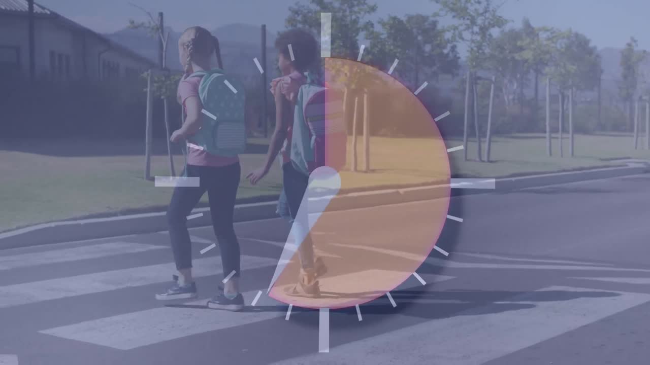 animación de reloj sobre niños caminando por la calle
