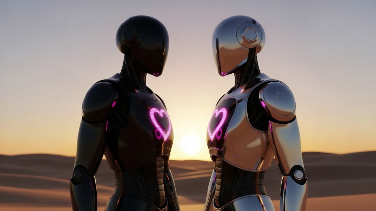 A Romantic Encounter Between Intricate Robots in a Scenic Desert Sunset, Showcasing Emotion Through Heart-Shaped Light Patterns and Futuristic Design Elements