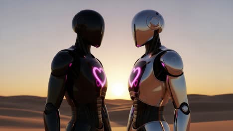 a romantic encounter between intricate robots in a scenic desert sunset, showcasing emotion through heart-shaped light patterns and futuristic design elements