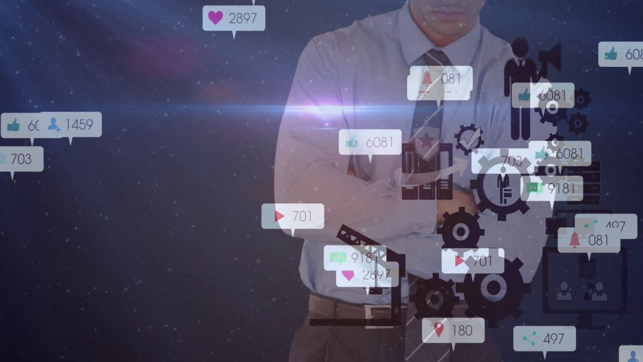보라색 배경의 사업가 위에 소셜 미디어 아이콘과 숫자의 애니메이션