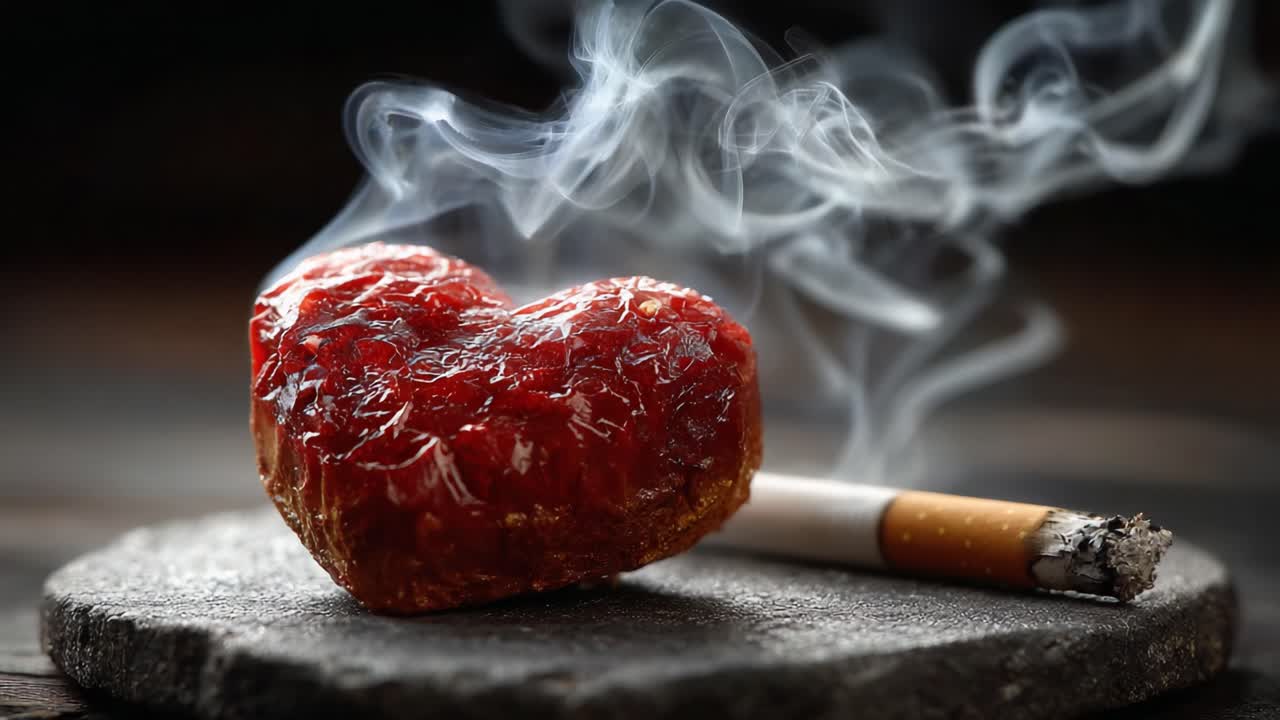 A Heart of Smoke and Desire: A Captivating Still Life of a Heart-Shaped Object and a Cigarette, Evoking Themes of Love and Addiction in a Dramatic Setting
