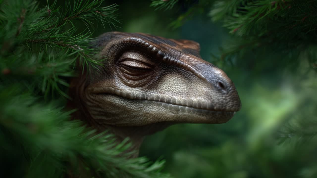 Un incontro ravvicinato con un modello realistico di dinosauro nascosto tra una lussureggiante vegetazione verde, catturato in due fotogrammi distinti da una presumibilmente emozionante avventura video.
