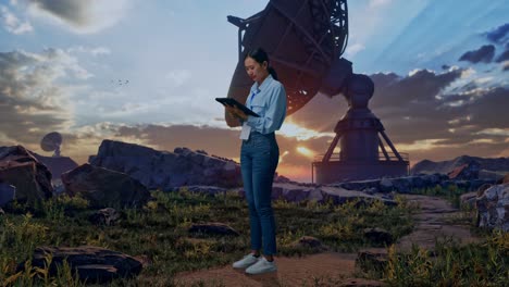 full body side view of an asian female professional worker standing with her tablet with large satellite dish, she is nodding her shead with dissapionted