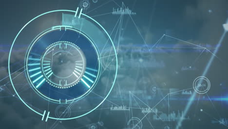 animation of nscope scanning and network of connections on blue background