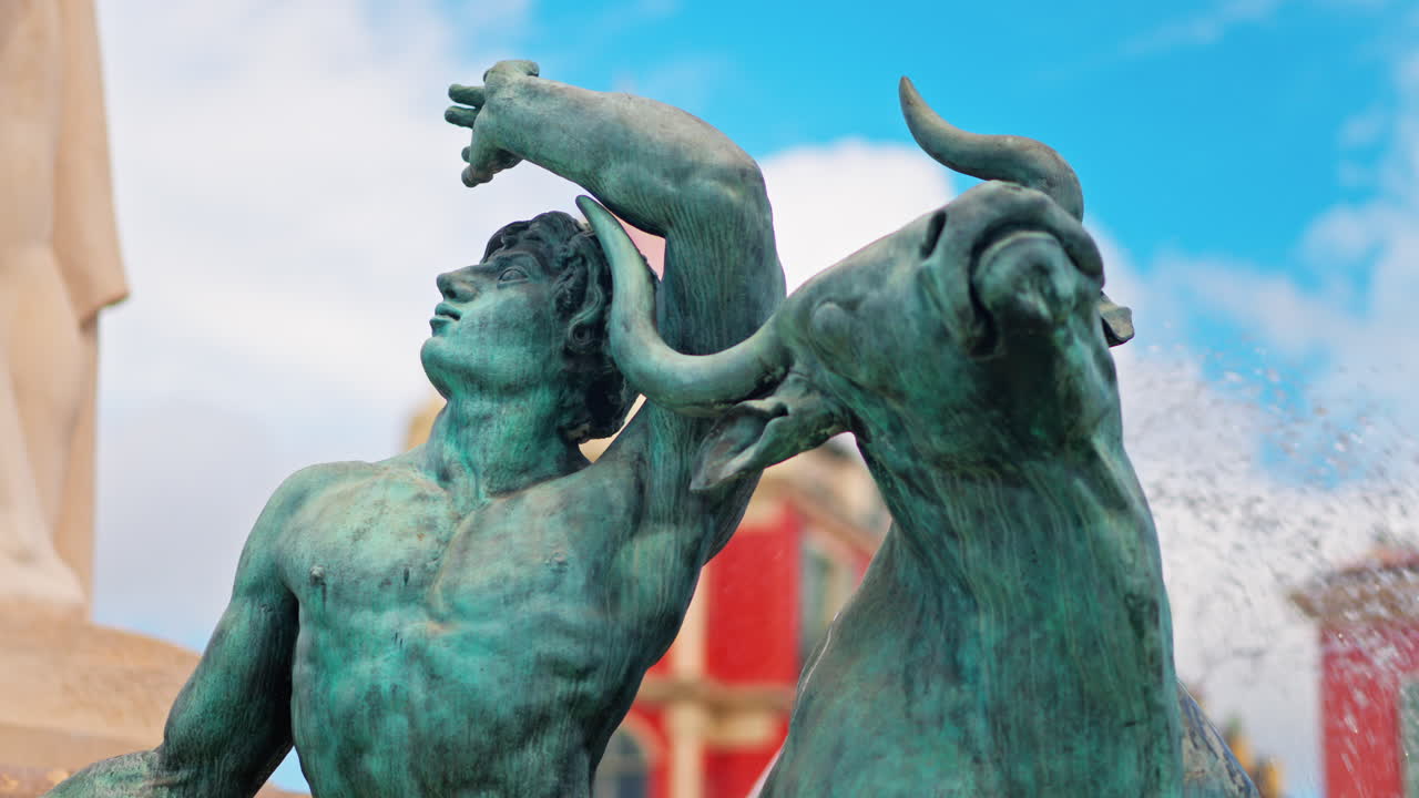 Nice, France - May 12, 2025: Close up of the Sun water fountain in the Massena Square in daylight