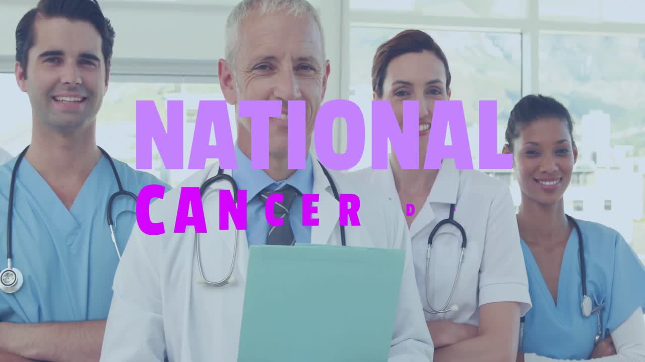 세계 암의 날 문서의 애니메이션 백인 의사들이 미소 짓고 있습니다.