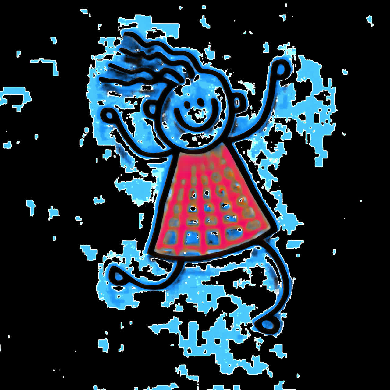 Ragazza cartone animato felice che balla su sfondo blu astratto