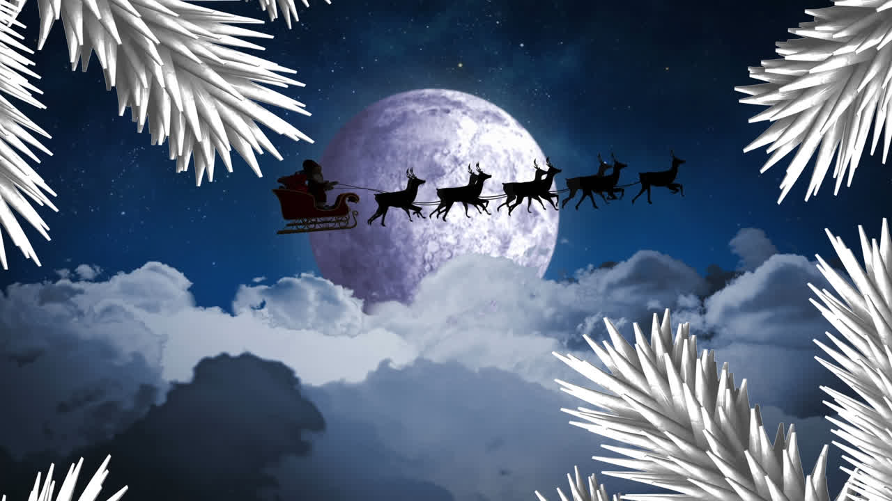 산타클로스 위 에 있는  ⁇ 색 크리스마스 나무 가지 들 이 밤 하늘 에 대항 하여 사 ⁇  들 이 끌고 있는  ⁇ 매