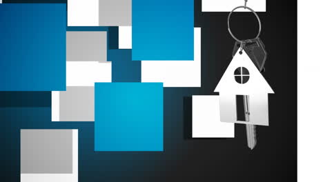 animation of silver house key fob and key over blue and white squares on black background