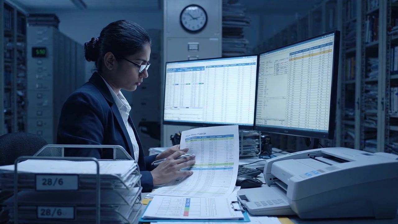 Focused Professional Analyzing Data at a Desk Surrounded by File Storage and Dual Monitors in a Dimly Lit Office Environment