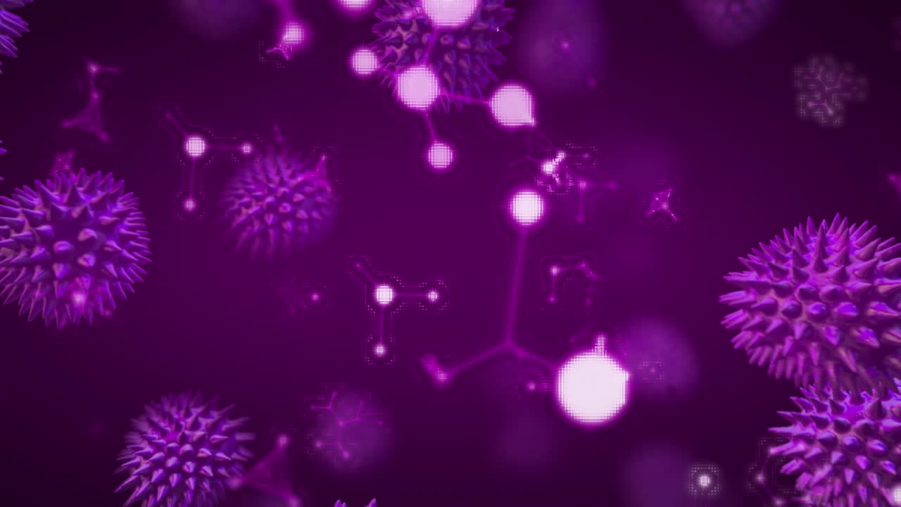 animación de moléculas y elementos químicos y células macro covid-19 flotando sobre un fondo púrpura