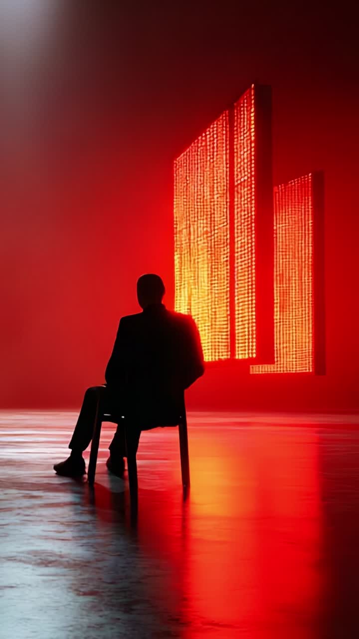 A solitary figure in a suit sits on a chair, silhouetted against a backdrop of red illuminated panels, evoking a sense of mystery and contemplation