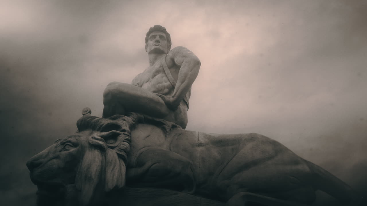 Epic, ancient stone statue on cloudy day and windy weather.