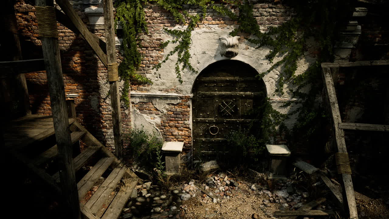Forgotten entrance to an overgrown building near an abandoned site