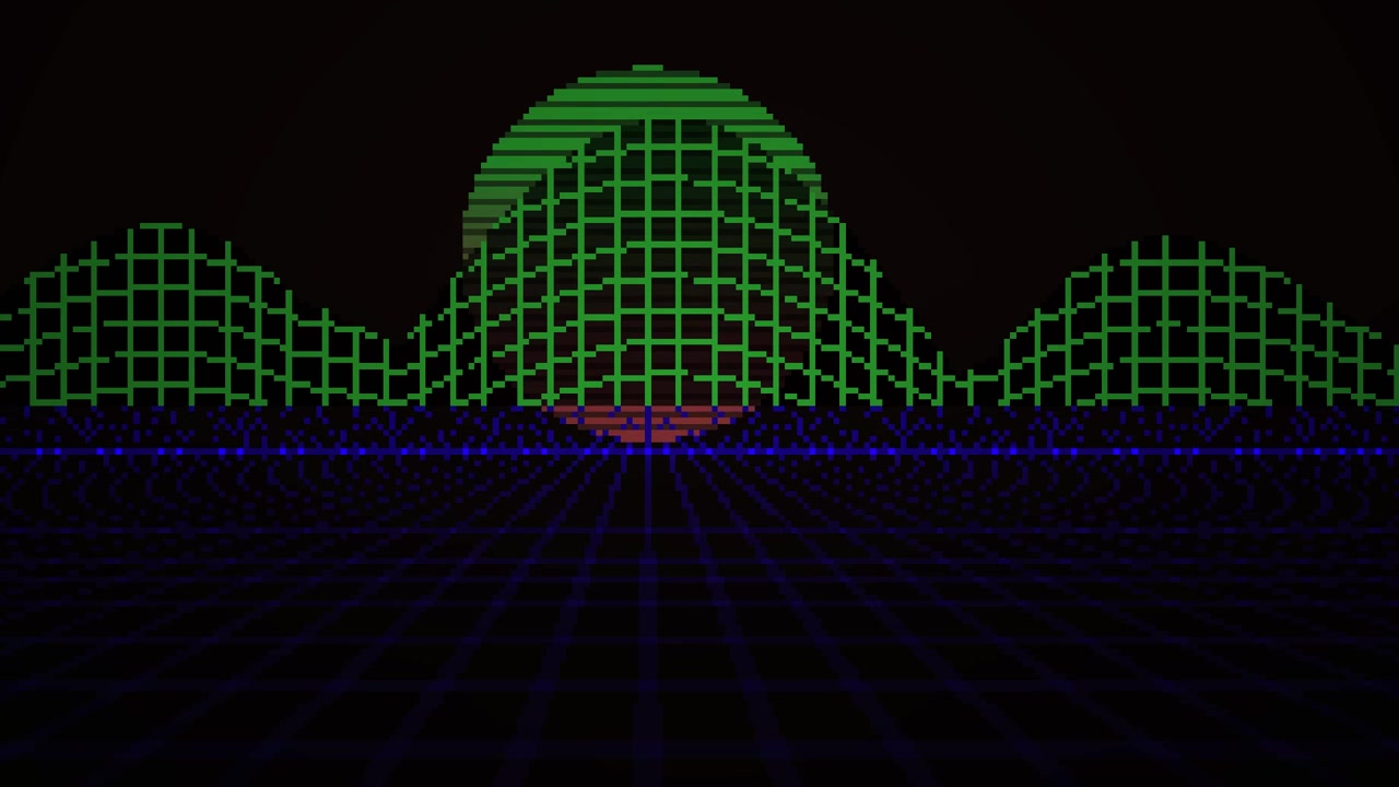 Paesaggio in pixel art retrò con griglia glitchata e sole al tramonto