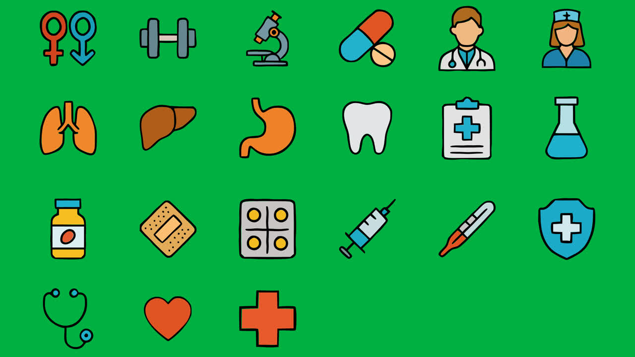 Icone animate mediche e sanitarie su schermo verde