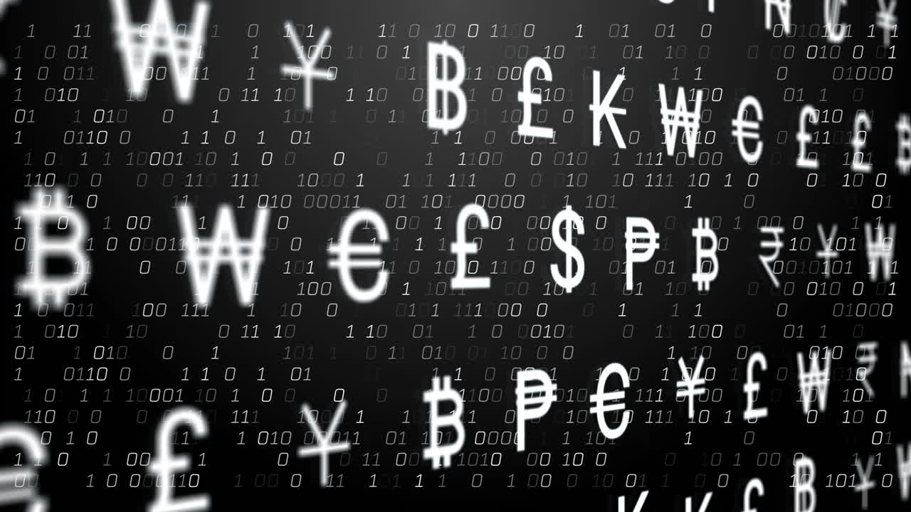 Binary code and currency symbols animation over dark background