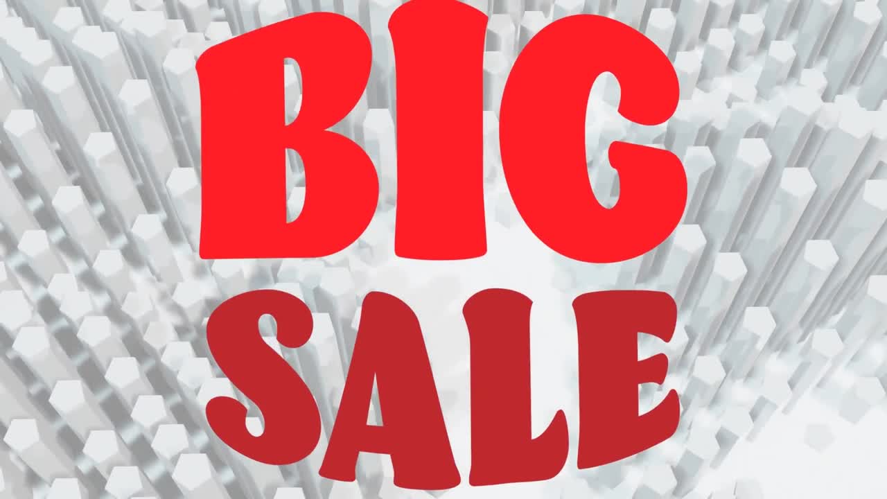 animación del texto rojo de gran venta, sobre columnas hexagonales blancas en movimiento