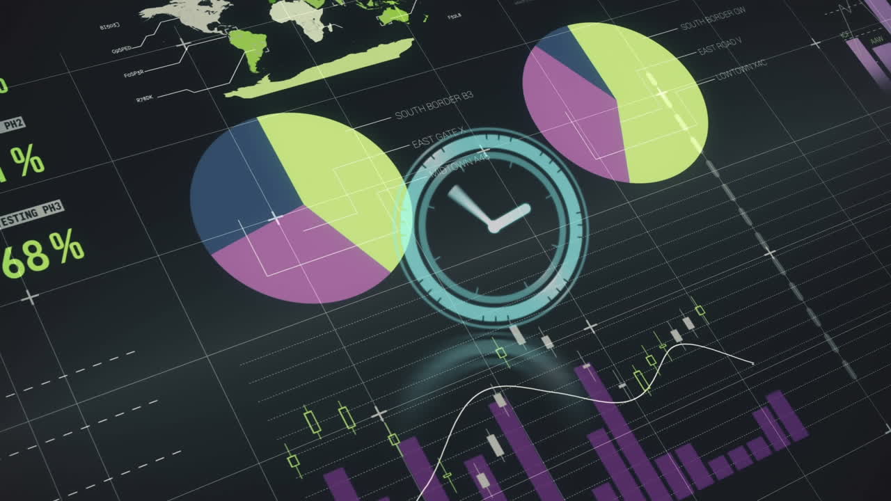 animación del reloj que se mueve rápido sobre estadísticas y procesamiento de datos financieros
