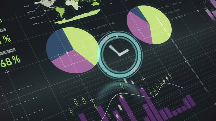 Animation of clock moving fast over statistics and financial data processing