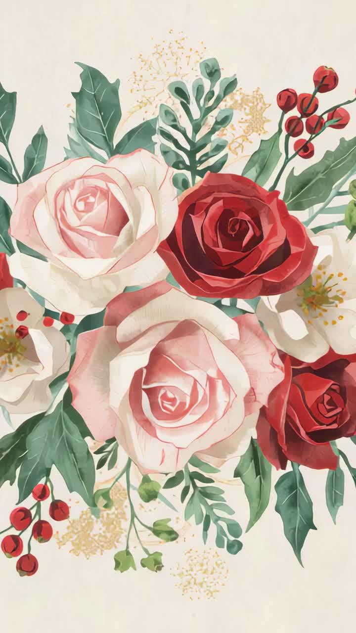 Video verticale: bouquet di rose ad acquerello in movimento che sale verso l'alto su sfondo color crema con foglie visibili