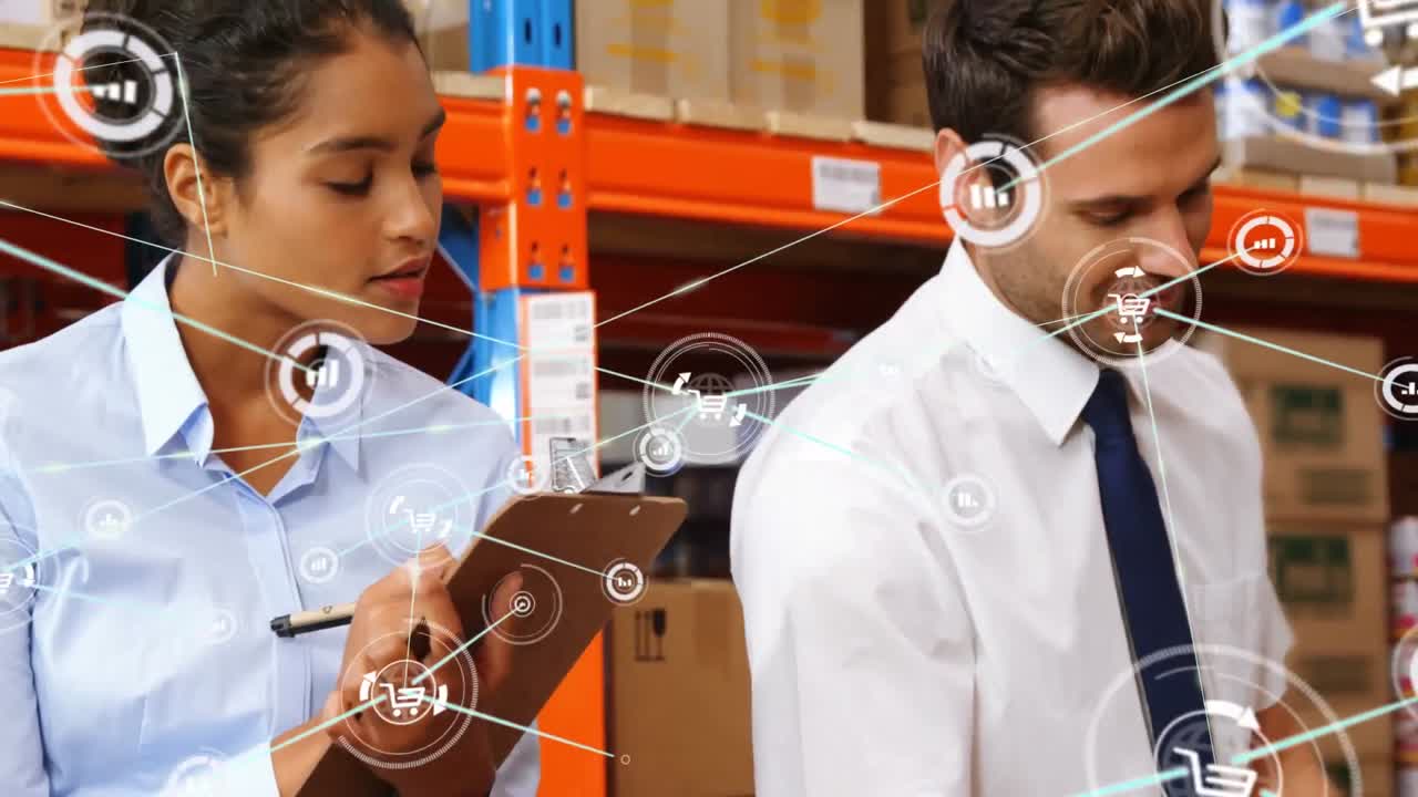 animación de la red de conexiones con iconos sobre diversos trabajadores en el almacén