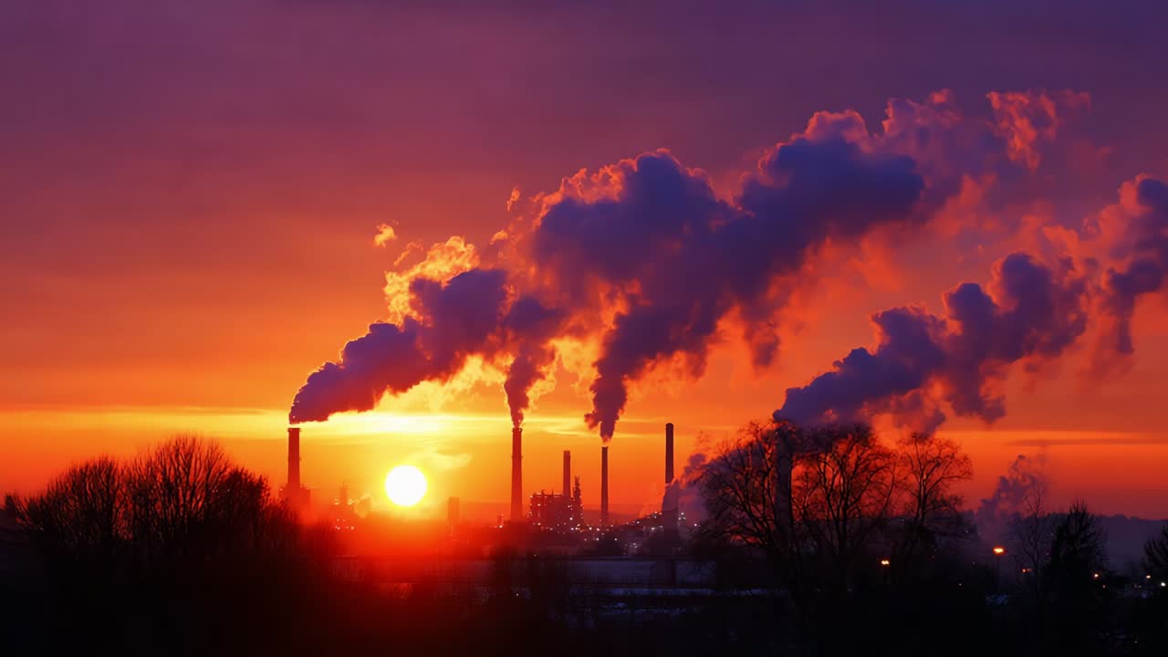 A breathtaking sunset casts vibrant hues over an industrial skyline, as smokestacks release clouds of pollution into the atmosphere, highlighting the contrast between nature's beauty and human impact