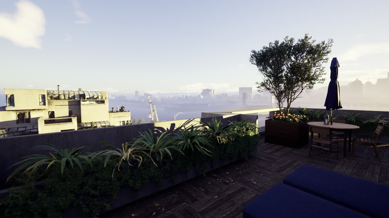 Rooftop terrace with plants and city view at sunrise in modern setting