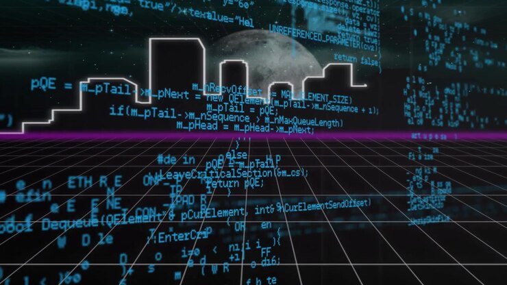 Digital City Skyline with Floating Programming Code and Grid Background