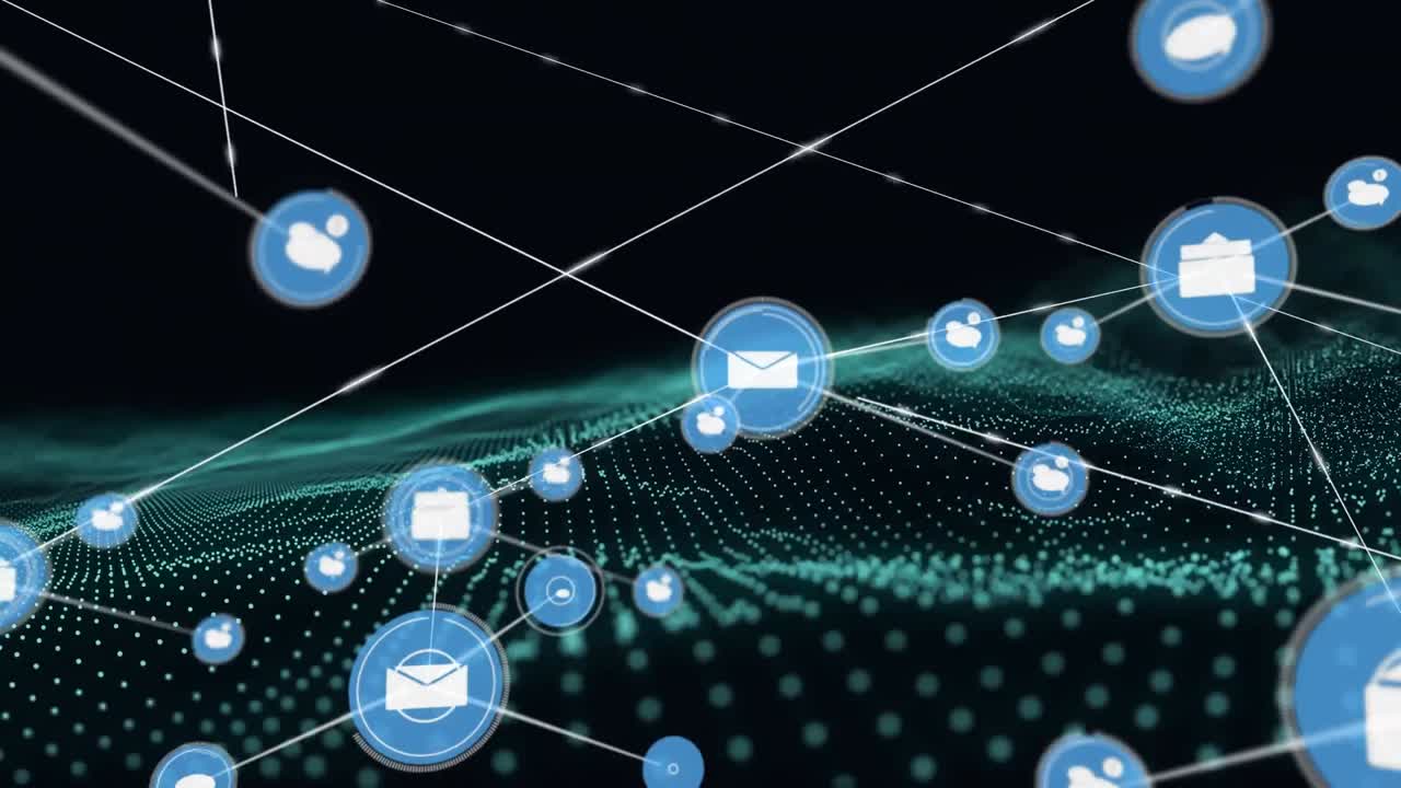 Animation of network of connections over blue wave on black background