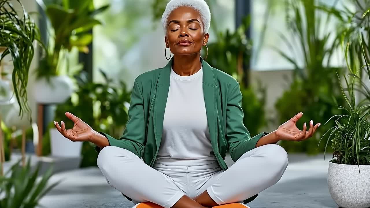 Bitkilerle dolu bir odada yoga pozisyonunda meditasyon yapan bir kadın