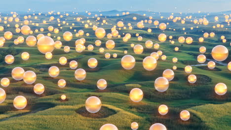 Spheres over a lush green field