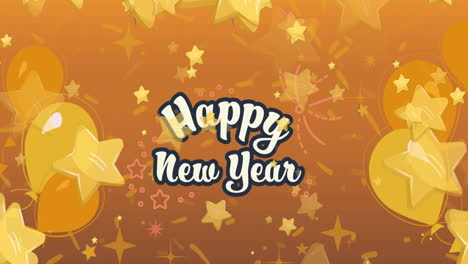 animation of happy new year text with yellow stars and balloons on orange background
