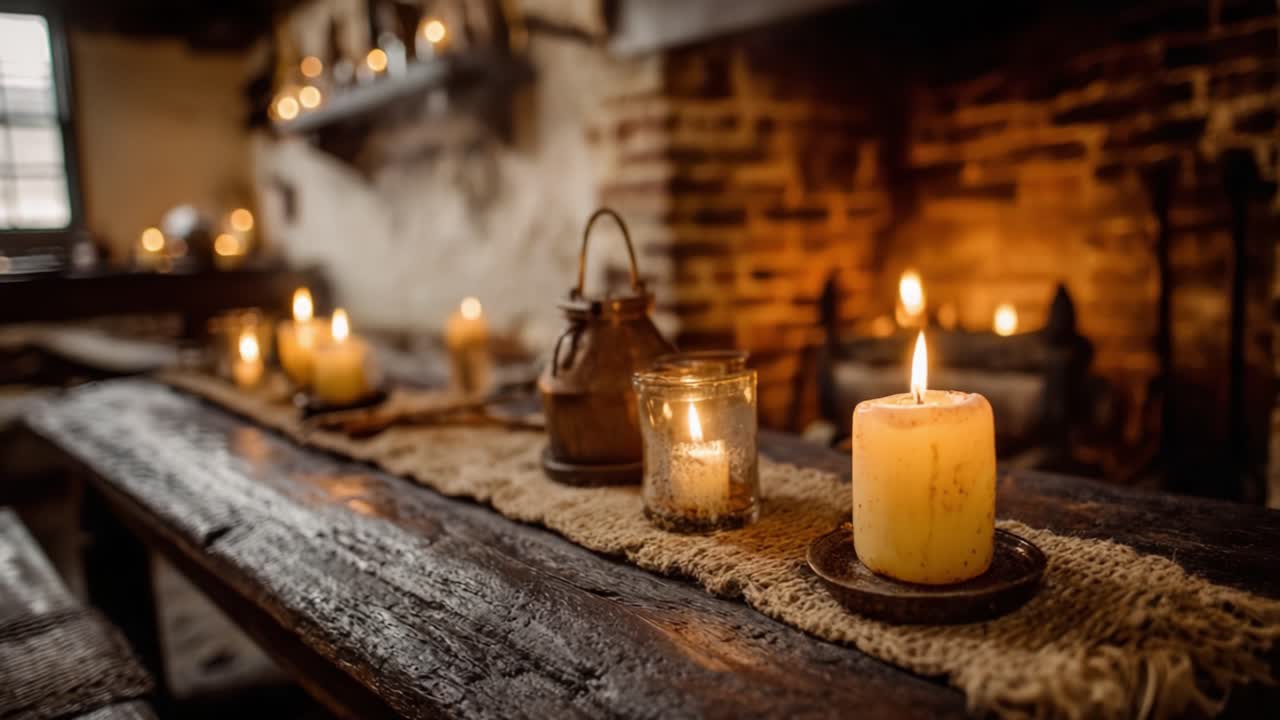 Un'atmosfera accogliente e invitante creata dal tremolio delle candele su un tavolo di legno rustico in una stanza decorata con calore.