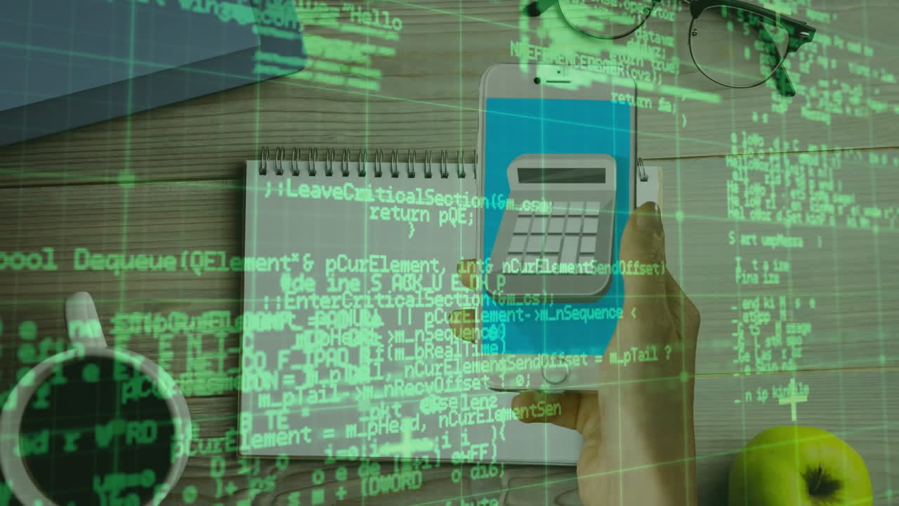 Animation of data processing over woman using smartphone