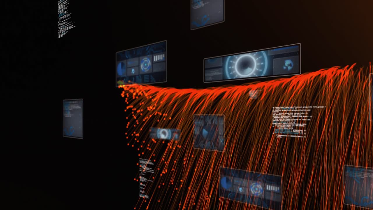 animación de escaneado de visores y procesamiento de datos en fondo oscuro