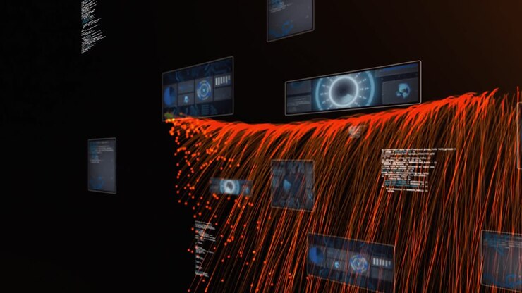 Animation of scopes scanning and data processing on dark background