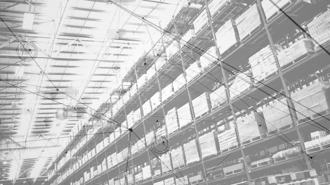 Animation of network of connections over shelves in warehouse