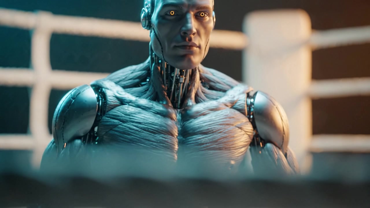 Realistinen robottihahmo nyrkkeilykehässä, esitellen monimutkaisia mekaanisia yksityiskohtia, lihaksikasta muotoilua ja futuristisia piirteitä dramaattisessa valaistuksessa.
