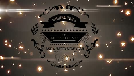 Merry-christmas-and-happy-new-year-text-banner-against-glowing-stars-floating-on-grey-background