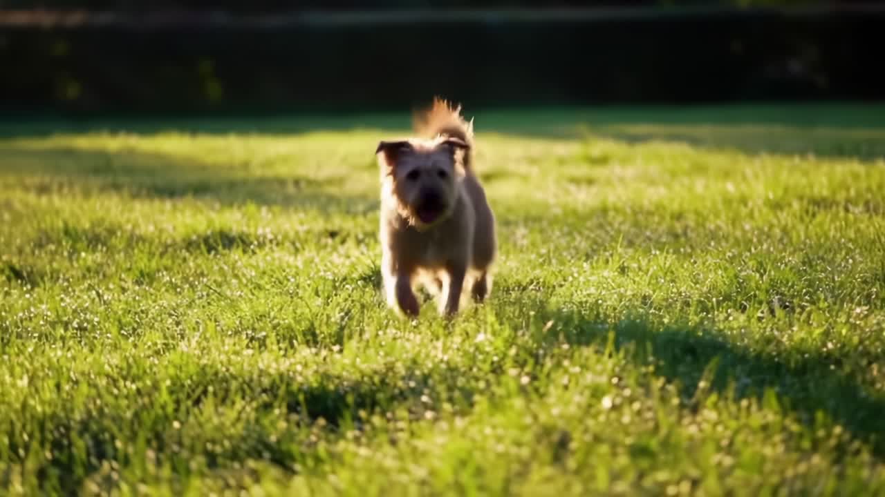 A Playful Dog Joyously Running Across a Lush Green Lawn, Embracing the Freedom of Nature and the Joy of Outdoor Exploration