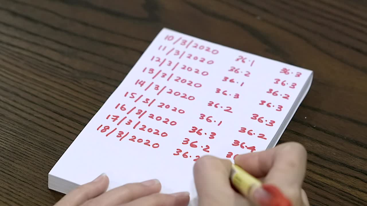 una mano femenina bajando su temperatura diariamente durante el período de coronavirus