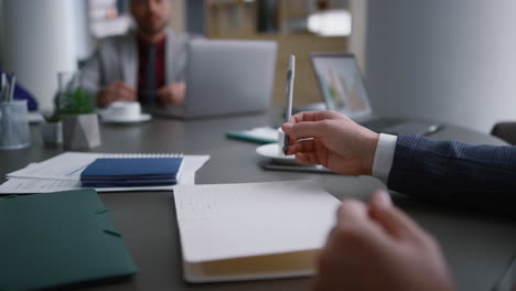 Office-manager-checking-information-discussing-business-partner-on-conference.