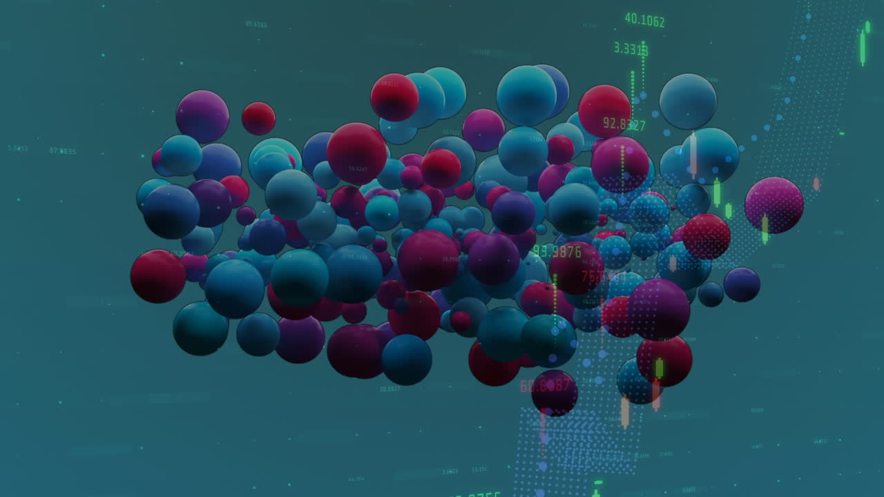 animación de bolas rosadas y azules sobre datos diversos en un fondo verde