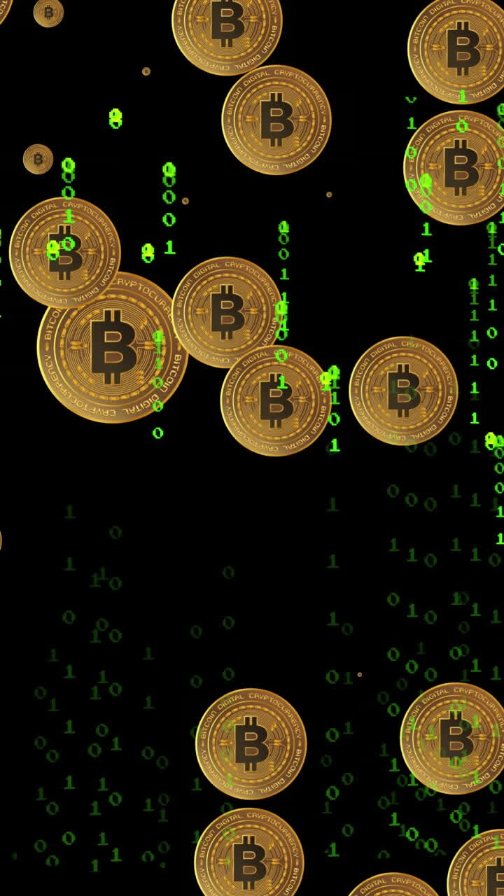 Animazione di simboli Bitcoin su sfondo nero con lettere verdi