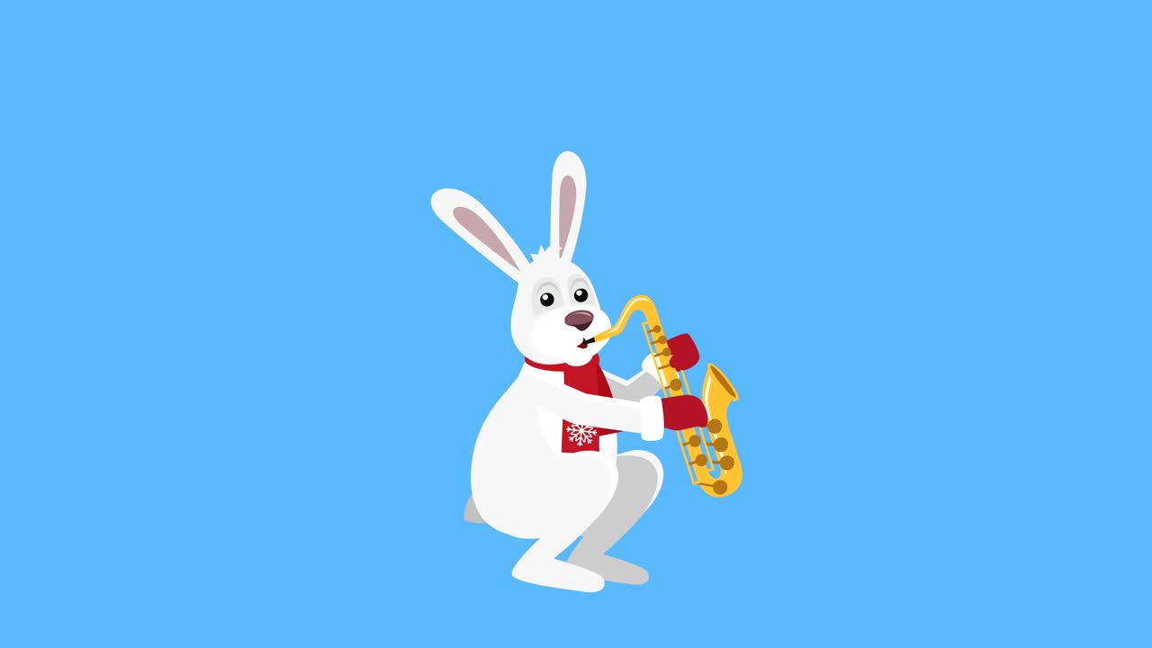 Cartoon Little Christmas Bunny Flat Character Music Play Saxophone Animation with Matte